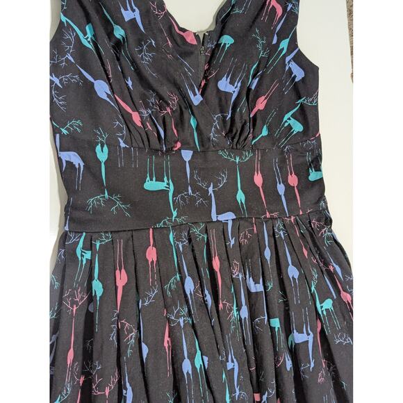 Retrospec'd Reindeer Printed Pleated Dress A-Line Black Multicolor Christmas - Picture 3 of 5
